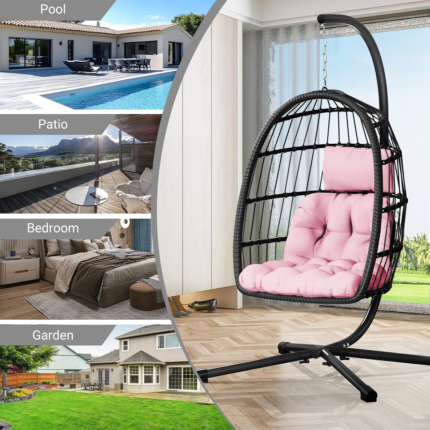 CHABATREE Egg Chair with Stand,Patio Rattan Wicker Hanging Swing Egg Chair Hammock Chair for Bedroom Porch Garden,Thickened Aluminum Alloy Steel Frame and UV Resistant Cushion,350LBS Capacity