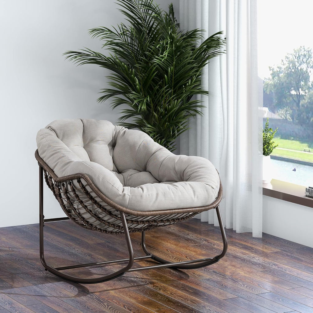 Large Indoor Outdoor Rocking Chair, Oversized Rocking Papasan Chair with Thick Cushion and Frame Outdoor Rocker, Comfy Wicker Egg Chairs Lounge for Outside Porch Patio Backyard (Beige, Set of 2)