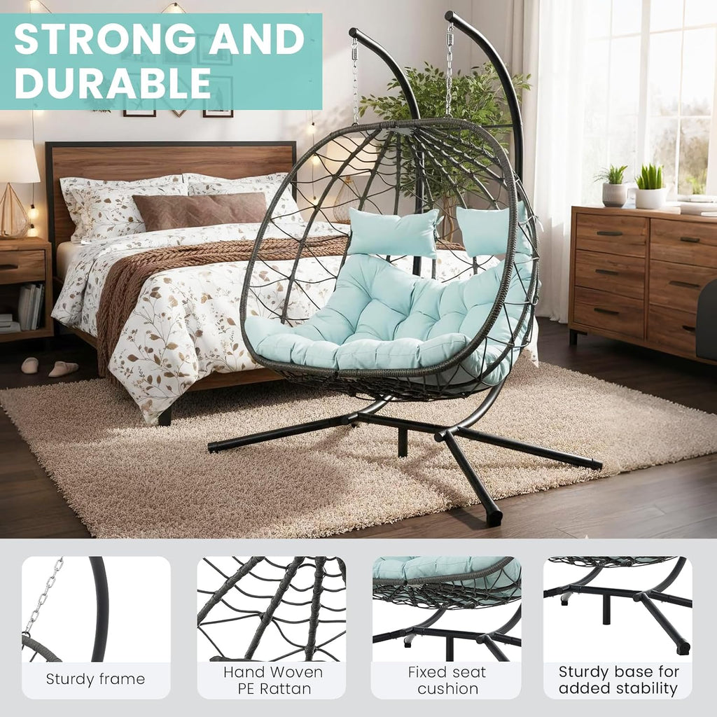 Double Egg Chair with Stand, Indoor Outdoor Loveseat Hammock Swing Chair,Wicker Chair with Foldable Basket & Thick UV-Resistant Cushions, 700 LBS Capacity for Patio, Bedroom, Garden,Cyan