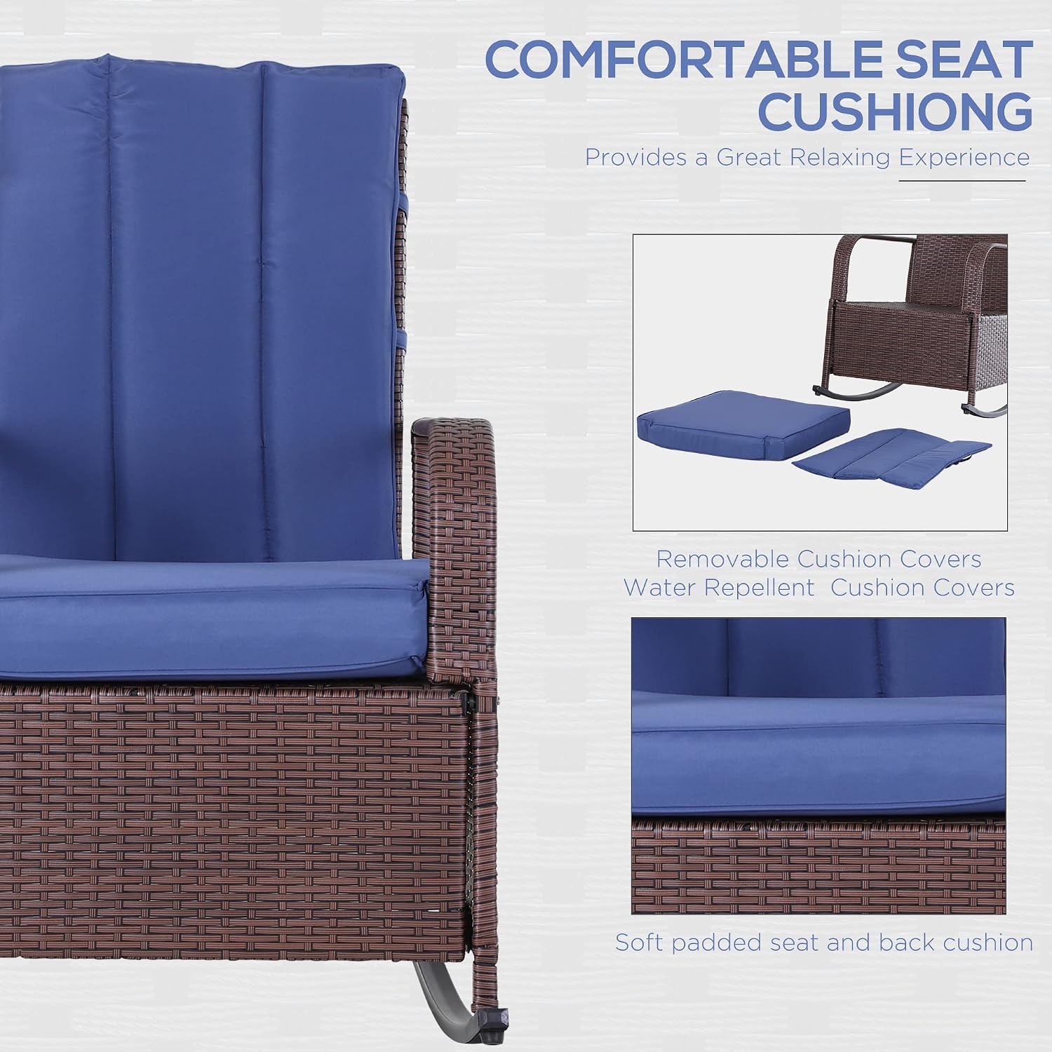 Outsunny Wicker Outdoor Rocking Chair, Patio Recliner with Adjustment Backrest, PE Rattan Lounge Chair with Adjustable Footrest and Cushions for Garden, Backyard, Porch, Blue