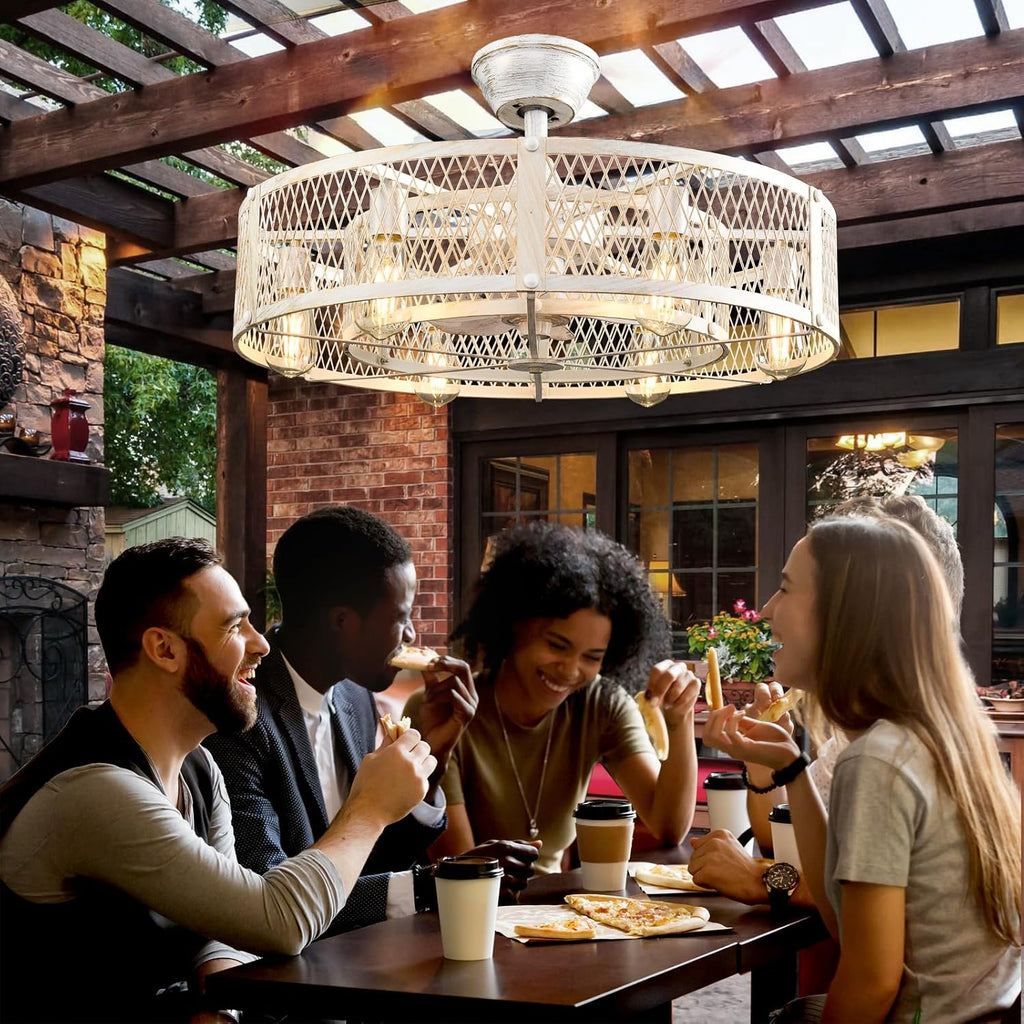 Depuley Outdoor Ceiling Fan with Light: 26' Caged Ceiling Fans with Remote Control for Patio Kitchen Bedroom - Farmhouse Fandelier Flush Mount Lights Fixture Reversible 6 Speed Timer Cement