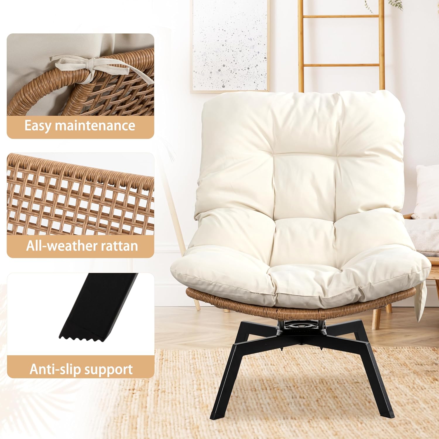 JAMFLY Rattan Swivel Chair, 360° Wicker Swivel Chairs with Thickened Cushions & Side Storage, Bohemian Farmhouse Style for Kitchen, Dining Room, Café, Patio, Beige