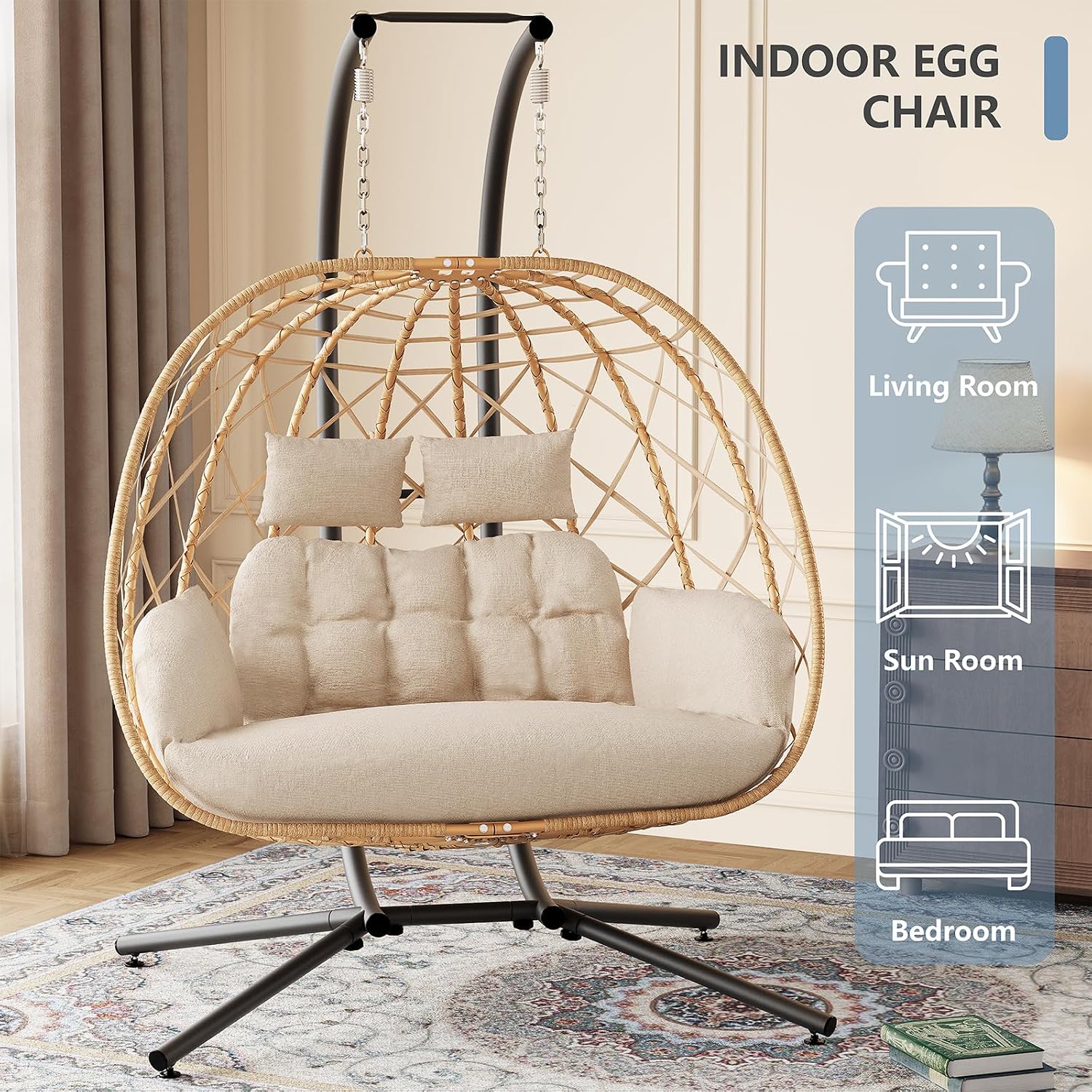 SWITTE Double Egg Swing Chair with Stand, 2 Person Outdoor Indoor Hammock Hanging Chair with Cushion for Patio Living Room 650 LBS Capacity-Beige