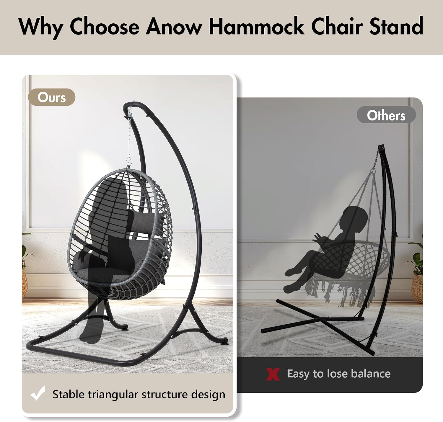 ANOW Heavy Duty Hammock Chair Swing Stand Only, Hanging Chair Stand for Outside, Max 400 Lbs, Black