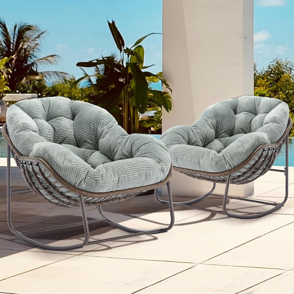 Oversized Papasan Rocking Chair - Outdoor Luxury Comfy Patio Chair Set of 2, Indoor Egg Royal Rattan Rocking Chair with Strip Velvet Cushion for Porch Lounge Bedroom Living Room (Green)