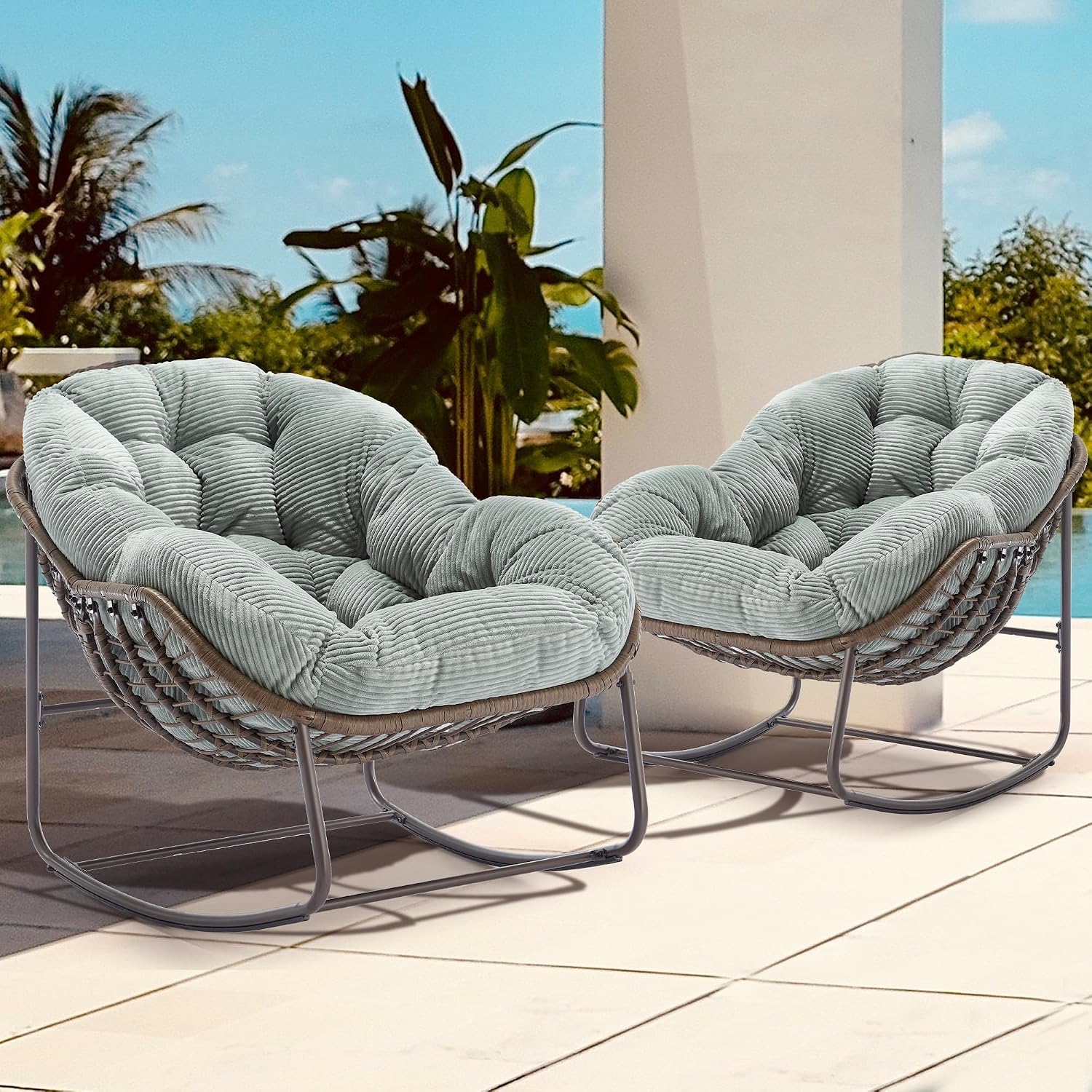 Oversized Papasan Rocking Chair - Outdoor Luxury Comfy Patio Chair Set of 2, Indoor Egg Royal Rattan Rocking Chair with Strip Velvet Cushion for Porch Lounge Bedroom Living Room (Green)