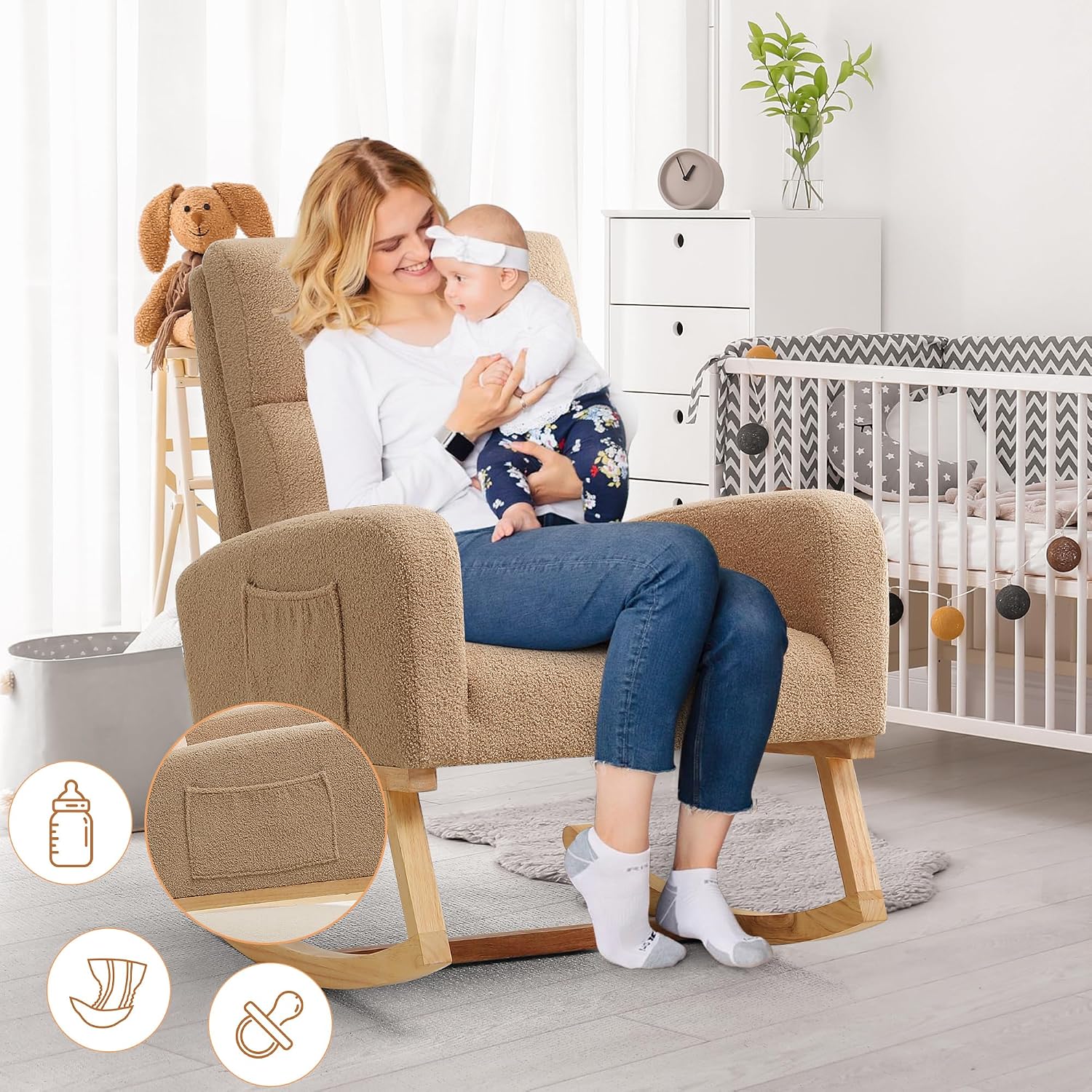 HCHAIRH Rocking Chair Nursery, Sherpa Nursing Rocking Chairs, Upholstered Nursery Glider Rocker for Mom Nursery Morden Accent Rocking Chair with Side Pocket for Living Room,Bedroom,Teddy Camel