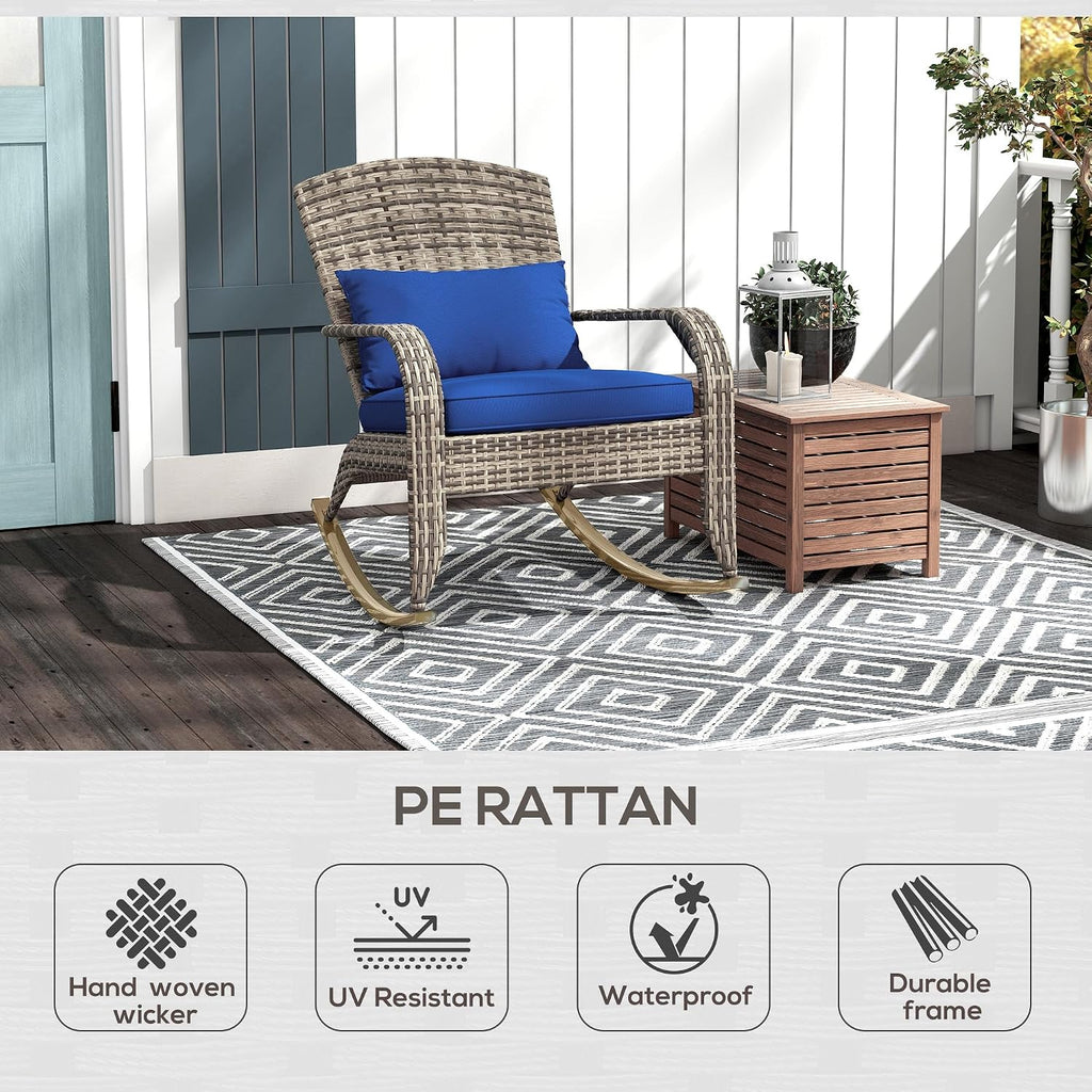 Outsunny Outdoor Wicker Adirondack Rocking Chair, Patio Rattan Rocker Chair with High Back, Seat Cushion, and Pillow for Garden, Porch, Balcony, Dark Blue