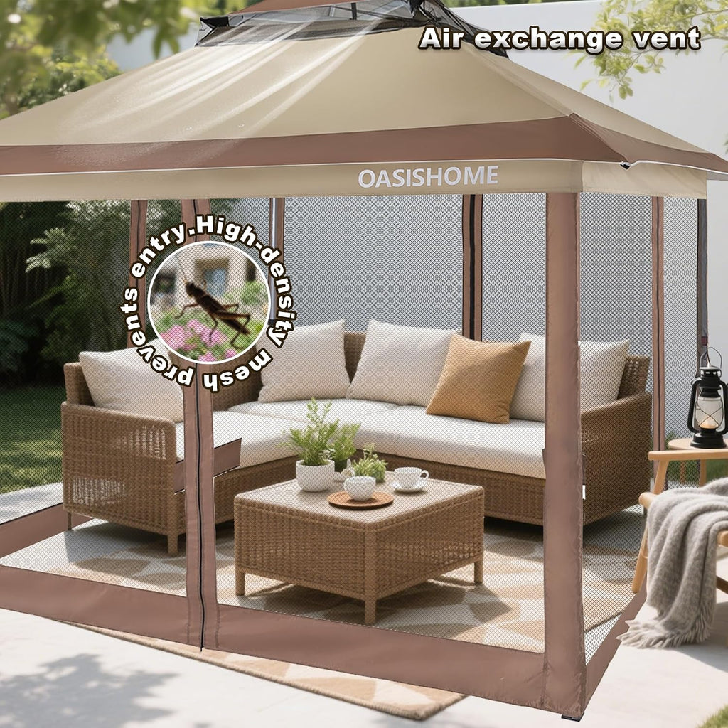 OASISHOME Pop-up Gazebo Portable Instant Canopy Tent 12x12, One-Push Locking System, with 4 Mesh Sidewall, Wheeled Bag, for Patio/Backyard/Outdoor/Parties/Events (Khaki,12FTx12FT)