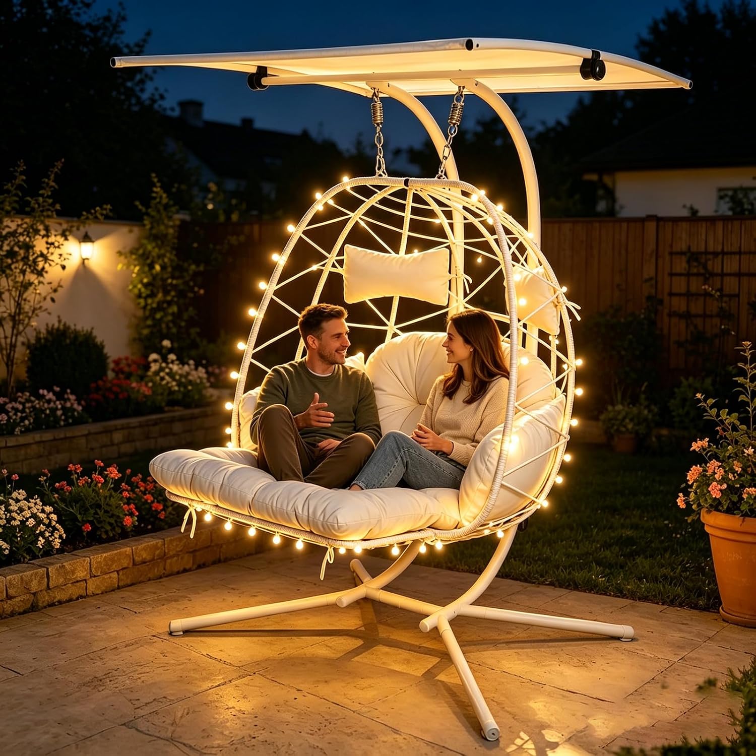 Double Egg Chair Outdoor with Stand & Canopy, 2 Person Hanging Egg Chair with Footrest, Oversized Rattan Wicker Egg Swing Chair for Bedroom Garden, 660Lbs (White with Light)