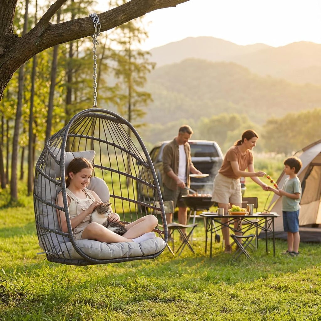 NICESOUL Comfy Egg Chair without Stand Indoor Outdoor, Patio Wicker Hanging Swing Egg Shell Chairs No Stand, 350lbs Capacity Sturdy Swing Hammock Basket Seating with Cushions for Bedroom Balcony, Gray