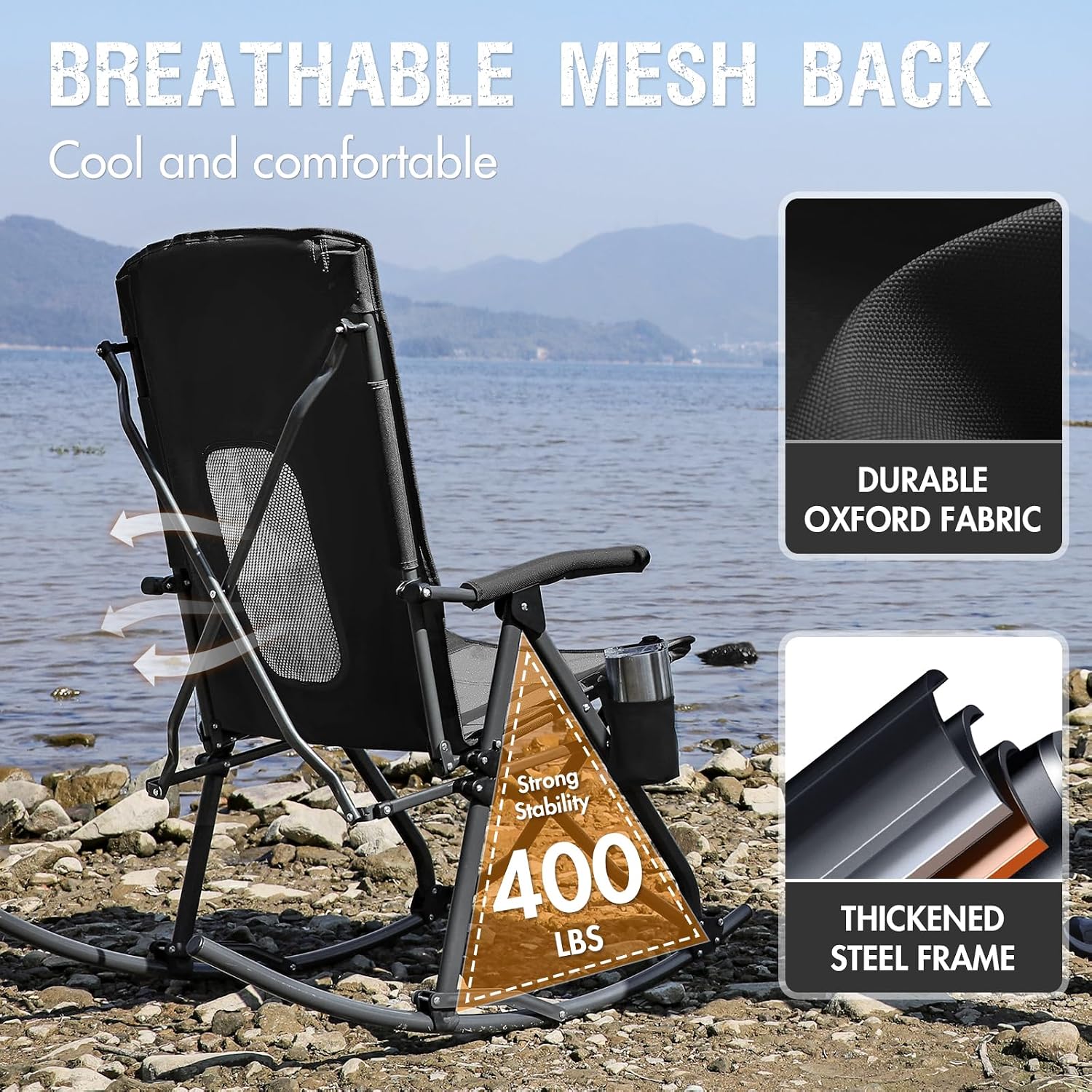PORTAL Oversized Folding Rocking Camping Chair Portable Outdoor Rocker with High Back Hard Armrests Carry Bag, Supports 400 lbs