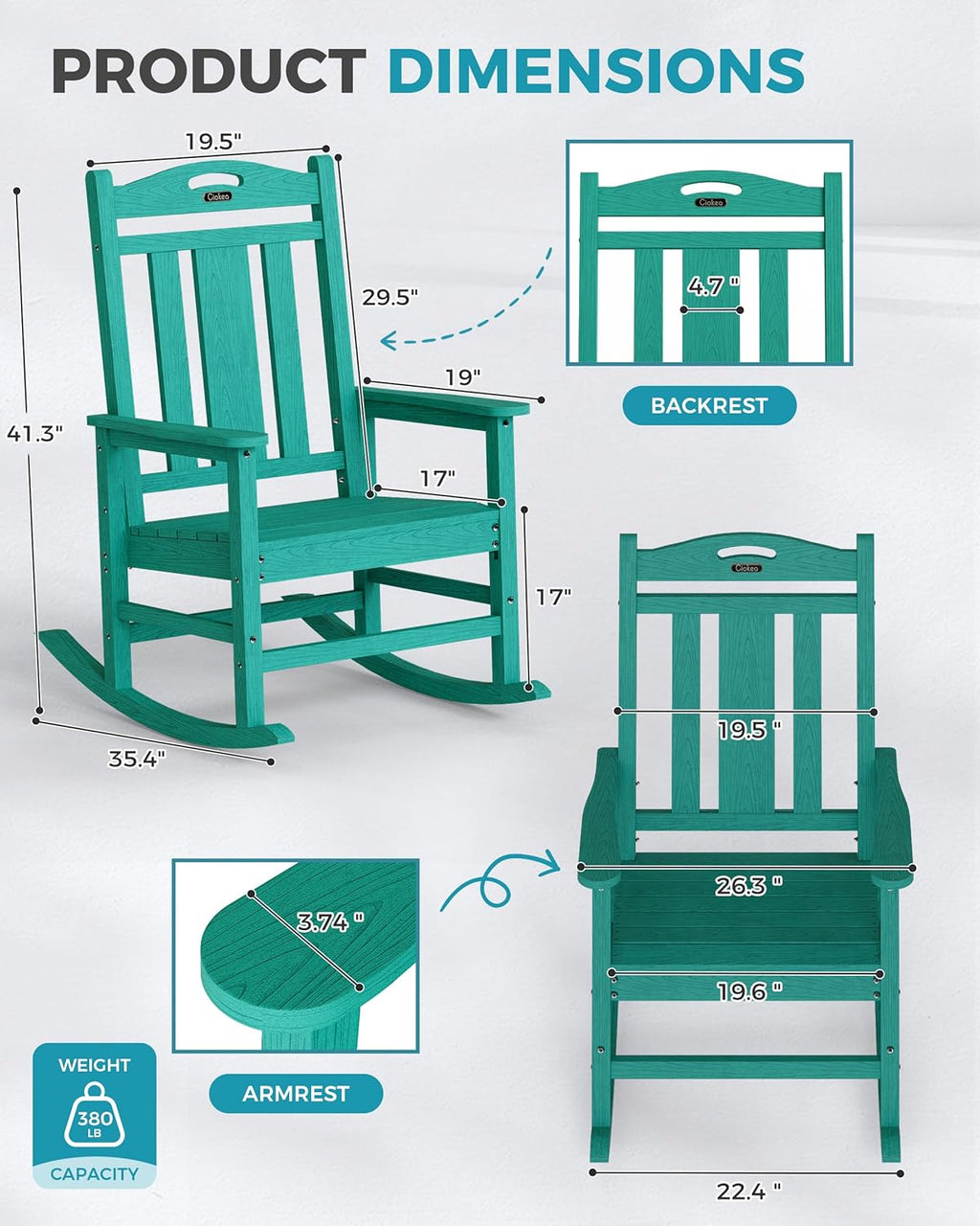 Ciokea Oversized Outdoor Rocking Chairs Set of 4, 380lbs Heavy-Duty Large Patio Rocker, High Back Cozy Porch Chairs, Weather Resistant Patio Rocking Chairs for Outside, Fire Pit, Deck, Aruba Blue
