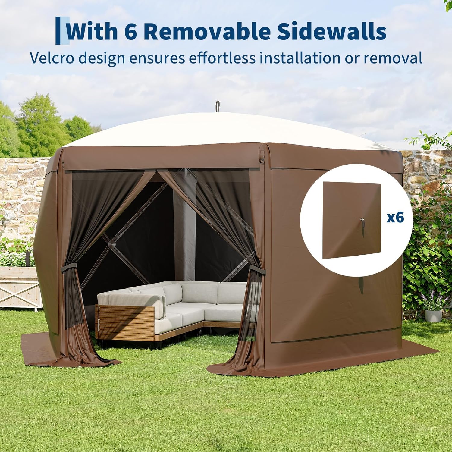 GarveeLife 11.5x11.5FT 6-Sided Pop Up Gazebo Tent，One-Push Setup Canopy Tent with Mesh Panels & Removable Wind Cloths, Outdoor shelter for Camping, Backyard Parties, Outdoor Events - Beige & Khaki