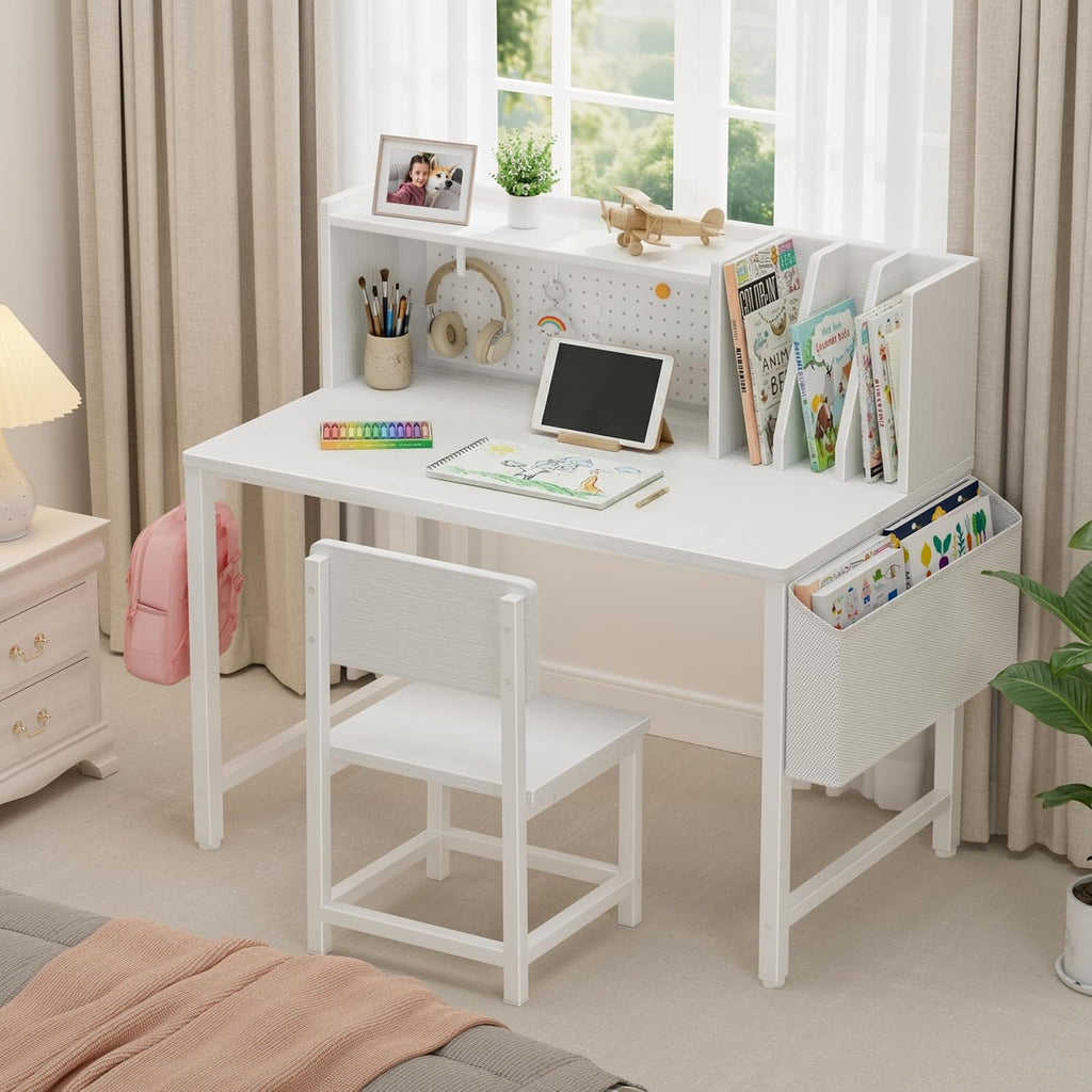 BOLUO Kids Desk and Chair Set for 6-12 Year Old, Children Study Desk with Hutch and Pegboard, Student Writing Table with Storage Shelf for Girls Boys