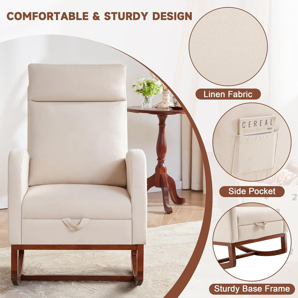 Rocking Chair with Foot Rest, Ergonomic Nursery Chair with High Back, Baby Glider Rocker, Nursing Chair Accent Living Room (Linen Beige)