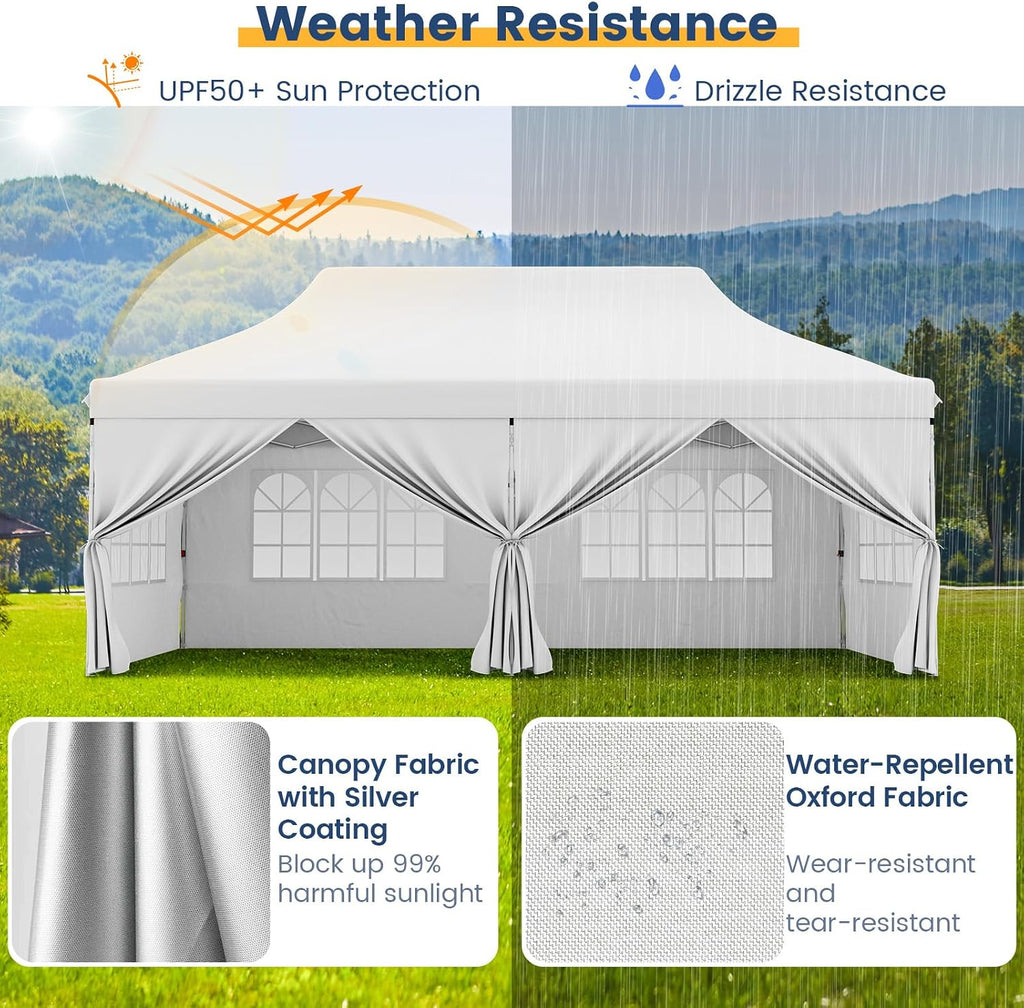 HAPPYGRILL 10x20FT Pop-up Canopy with Detachable Sidewalls, Instant Canopy Tent with Carrying Bag, UPF50+ Sun Protection, Easy Setup Gazebo for Outdoor Party Wedding, White