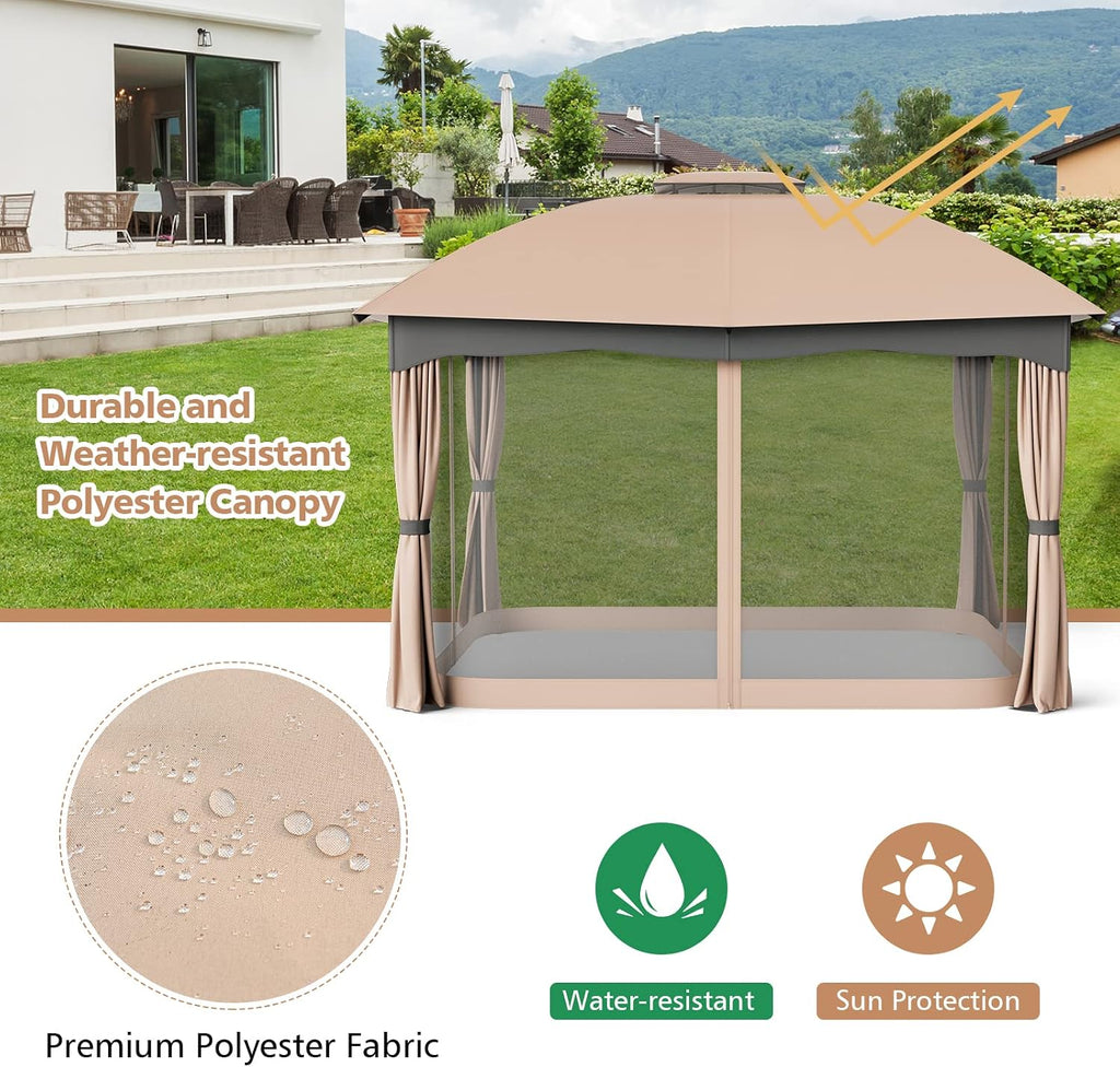 Tangkula 10x12 Ft Patio Gazebo, Double Vented Gazebo with Zippered Privacy Curtains, Mesh Screen Netting, Outdoor Steel Gazebo for Deck, Garden, Yard, Poolside (Brown)