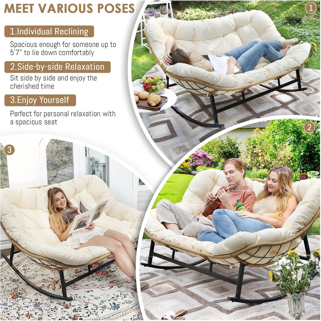 RADIATA Double Egg Rocking Chair for 2, Oversized Rattan Recliner Loveseat with Padded Cushion, Heavy Duty Comfy Large Papasan Rocker for Reading Outdoor Patio Balcony Backyard Indoor, Beige