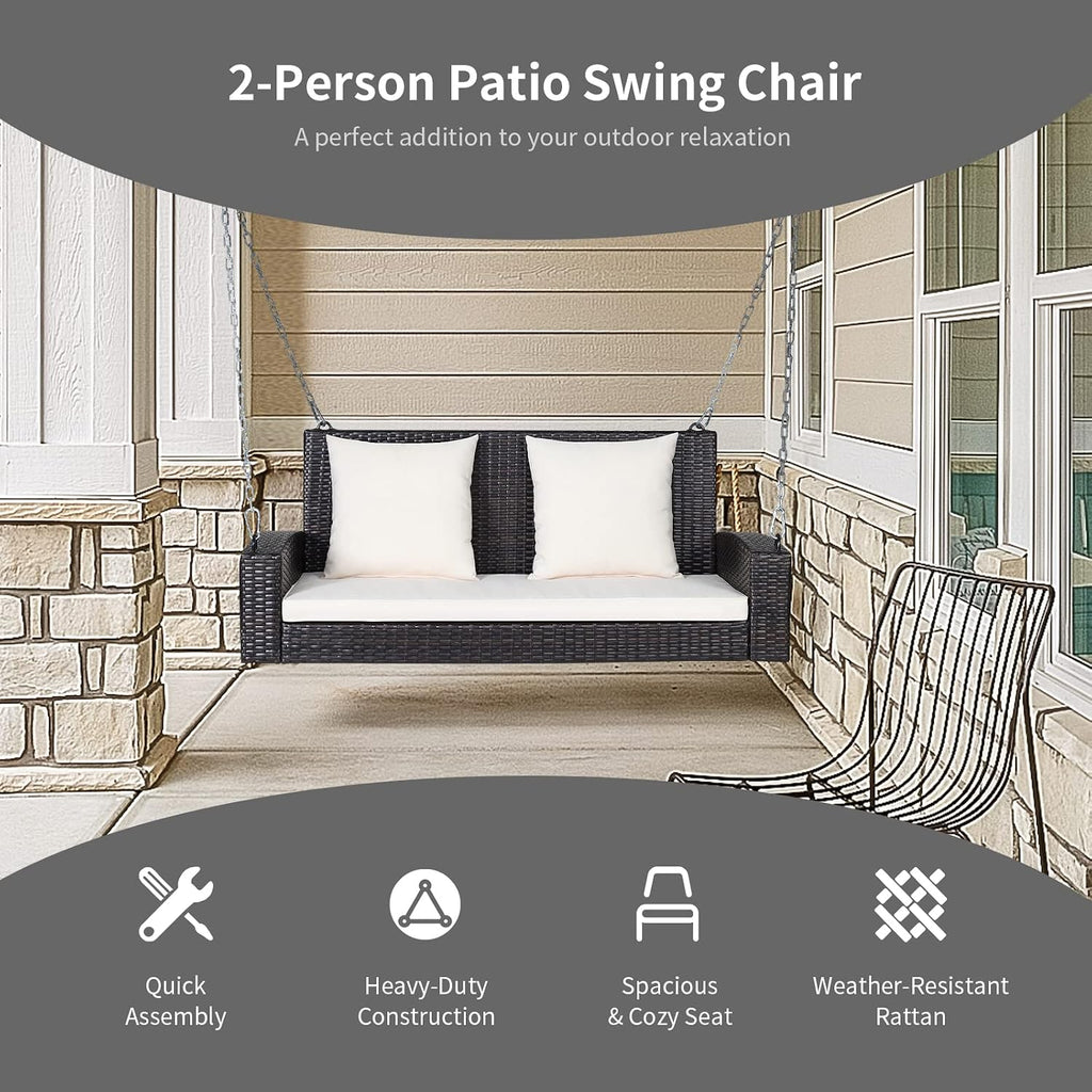RELAX4LIFE Porch Swing 2-Seat Patio Rattan, Wicker Porch Swings Outdoor W/Two 7.9 Ft Solid Steel Chain, Comfortable Back & Seat Cushions, for Front Porch, Garden, Backyard Patio Swing (Beige)