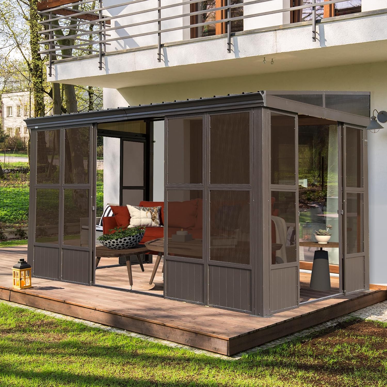 8x12FT Wall Mounted Sunroom Kit with 3 Sliding Double Doors (Front and 2 Sides), Patio Small Solarium All Season, Enclosed Lean to Gazebo with Galvanized Steel Roof and PC Windows for Backyard