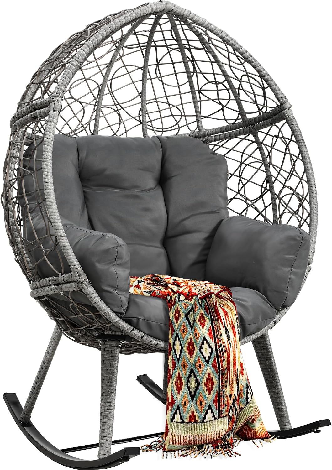 YITAHOME Wicker Rocking Egg Chair with Cushioned Comfort, Patio Rocker 250lb Capacity, Anti-Slip, All-Weather Resilient Rattan Design for Indoor & Outdoor Relaxation Spaces, Grey