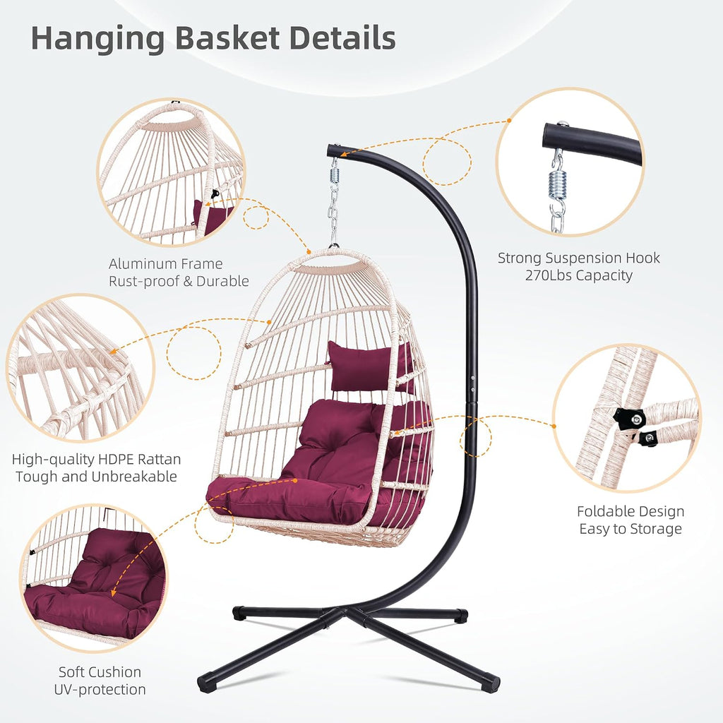 Egg Chair with Stand Outdoor Foldable Patio Wicker Hanging Swing Chairs for Bedroom Balcony with Cushions 350Lbs Indoor Lounge Basket All Weather Hammock Swinging Chair (Hot Pink)