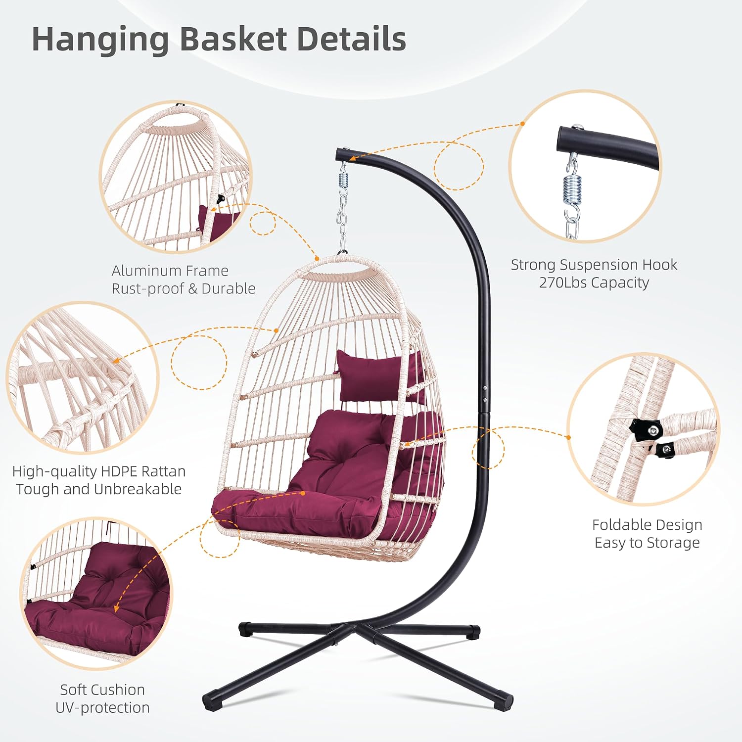 Foldable Hanging Egg Chair with Stand, HDPE Rattan and Heavy Duty Aluminum-Steel Frame, Outdoor Patio Wicker Swing Egg Chair with Headrest and Cushion, 350 Lbs Capacity, Rose Red