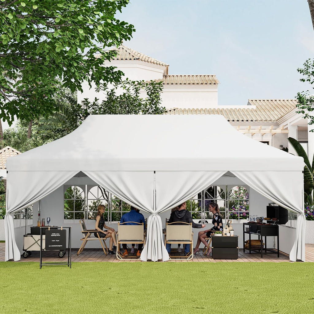 HAPPYGRILL 10x20FT Pop-up Canopy with Detachable Sidewalls, Instant Canopy Tent with Carrying Bag, UPF50+ Sun Protection, Easy Setup Gazebo for Outdoor Party Wedding, White