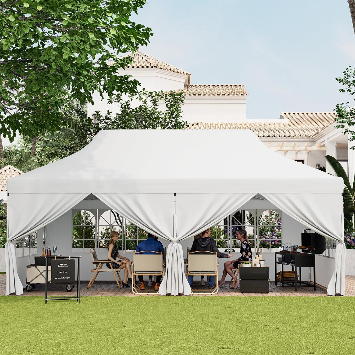HAPPYGRILL 10x20FT Pop-up Canopy with Detachable Sidewalls, Instant Canopy Tent with Carrying Bag, UPF50+ Sun Protection, Easy Setup Gazebo for Outdoor Party Wedding, White