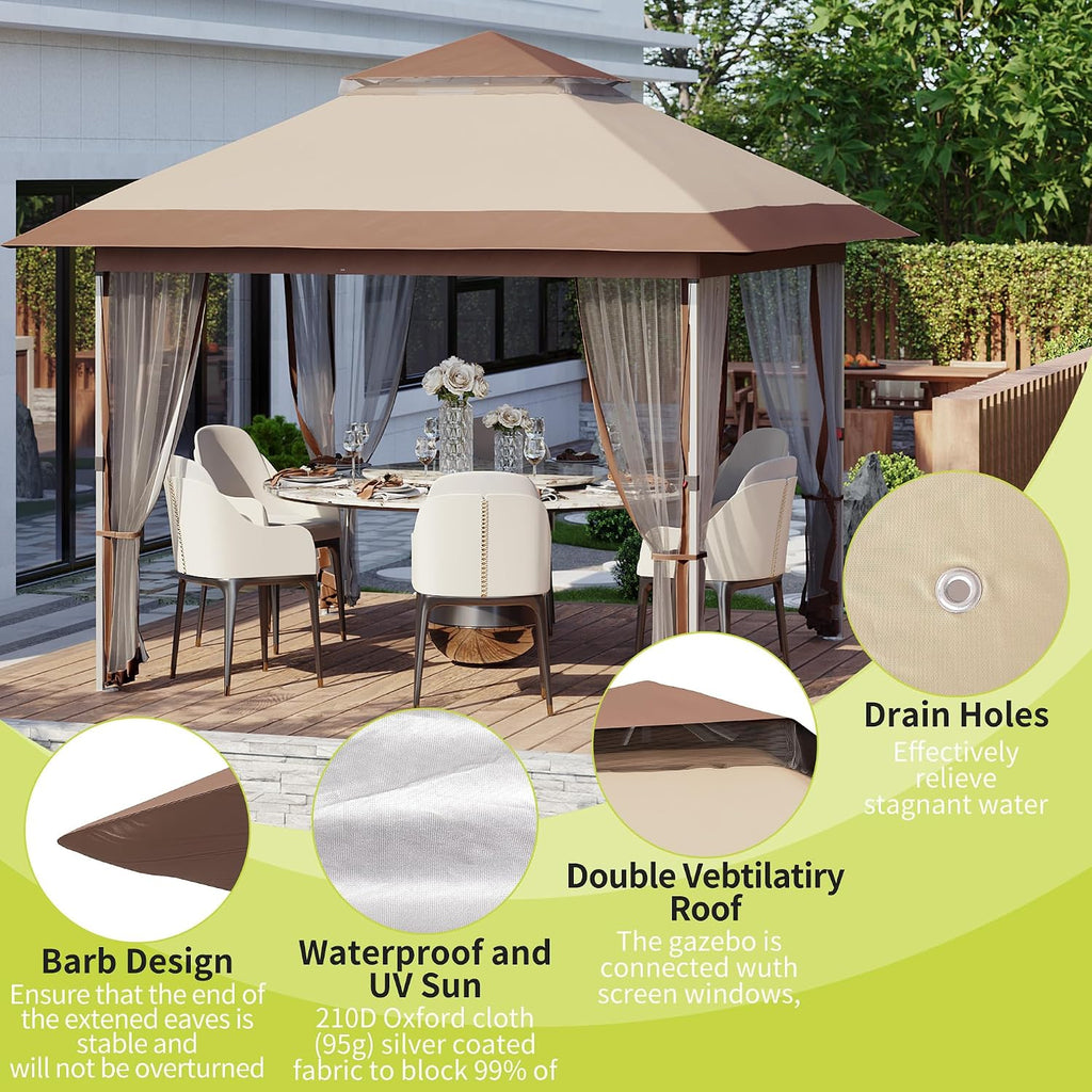 Pop Up Gazebo, 10x10 Outdoor Canopy Tent with Mosquito Netting, Pop Up Canopy Tent with Curtains/Adjustable Height/Wheeled Carrying Bag for Patio Garden Backyard Lawn