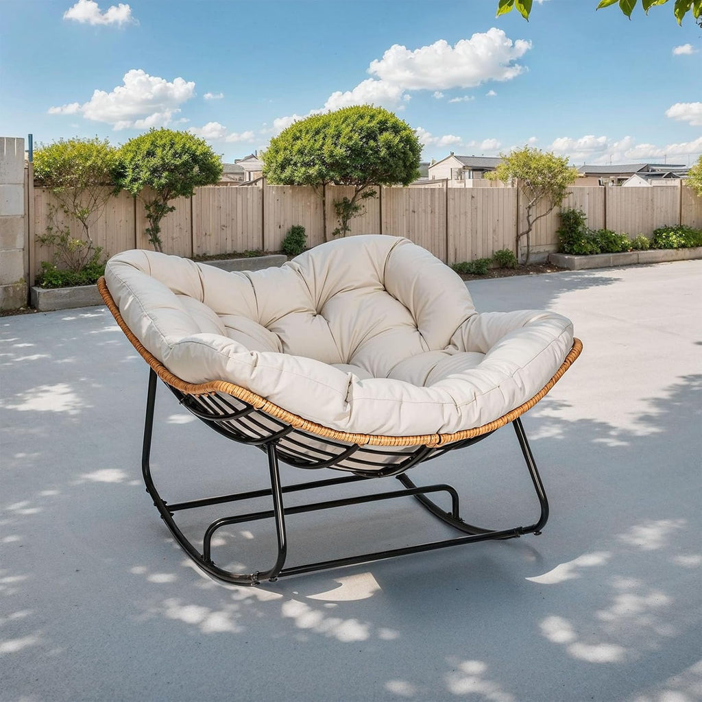 Outdoor Egg Rocking Chair, Indoor Papasan Rocking Chair with Thick Cushion, Modern Lounge Rocker for Balcony, Living Room, Bedroom, Porch, Lawn, Garden (Light Gray)