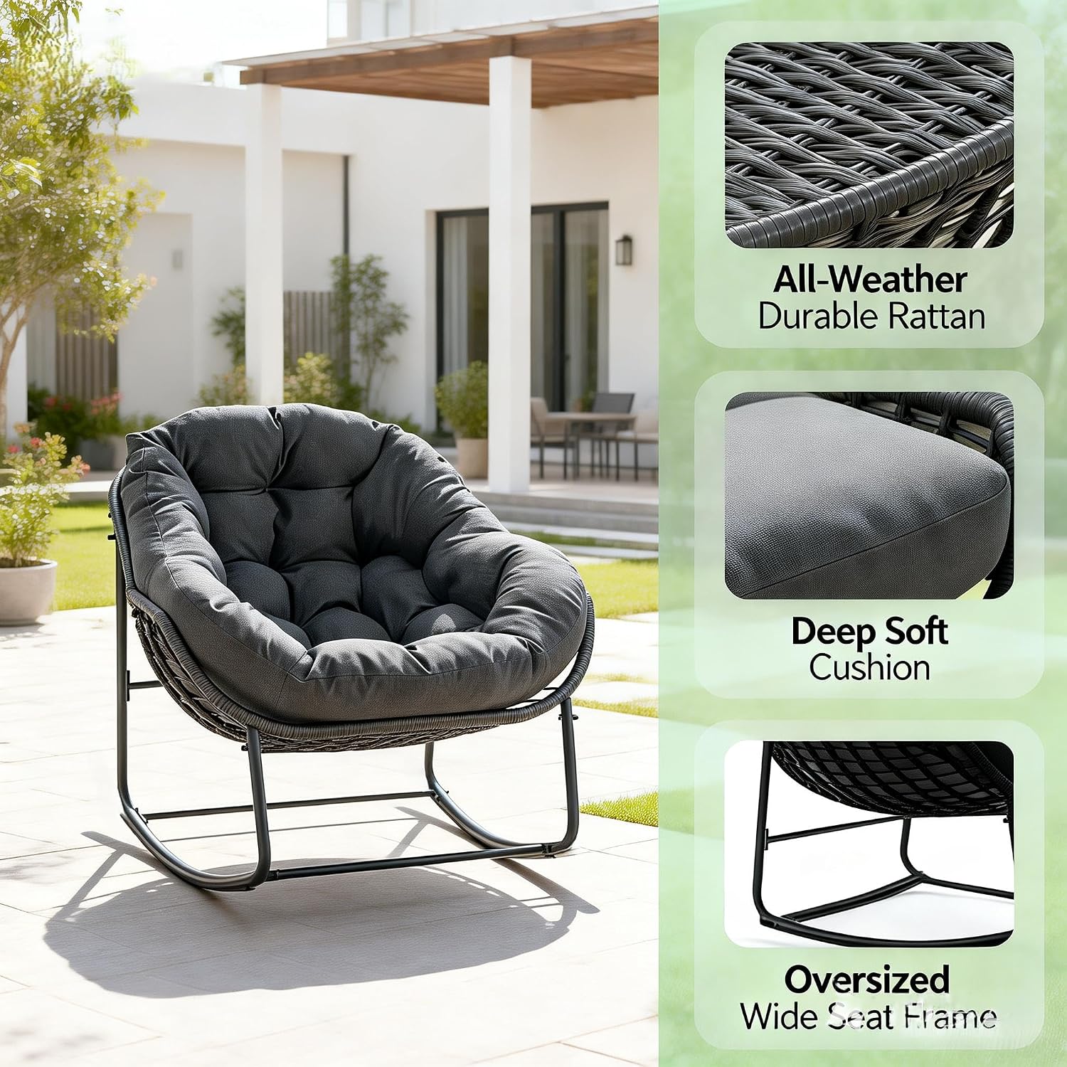 Oversized Outdoor Papasan Rocking Chair with Soft Cushion, Comfy Patio Egg Chair, Wicker Lounge Rocker for Balcony/Porch/Garden, Reinforced All Weather Rattan Frame, 330 lbs Support, Dark Grey