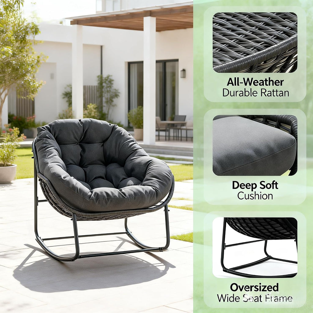 YDcosyfy Oversized Outdoor Papasan Rocking Chair Set of 2 with Soft Cushion, Comfy Patio Egg Chair, Wicker Lounge Rocker for Balcony/Porch/Garden, Reinforced All Weather Rattan Frame, Dark Grey
