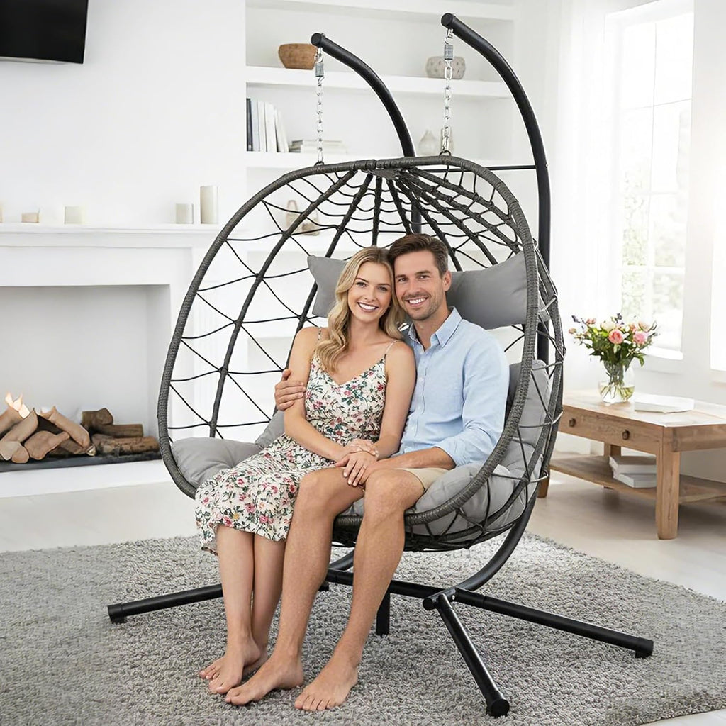 Hanging Double Egg Chair with Stand, 2 Person Comfy Patio Rattan Wicker Swing Hammock Chairs with Cushion, 700 LBS Capacity Egg Swing Chair for Indoor, Outdoor, Backyard, Balcony, Bedroom, Porch