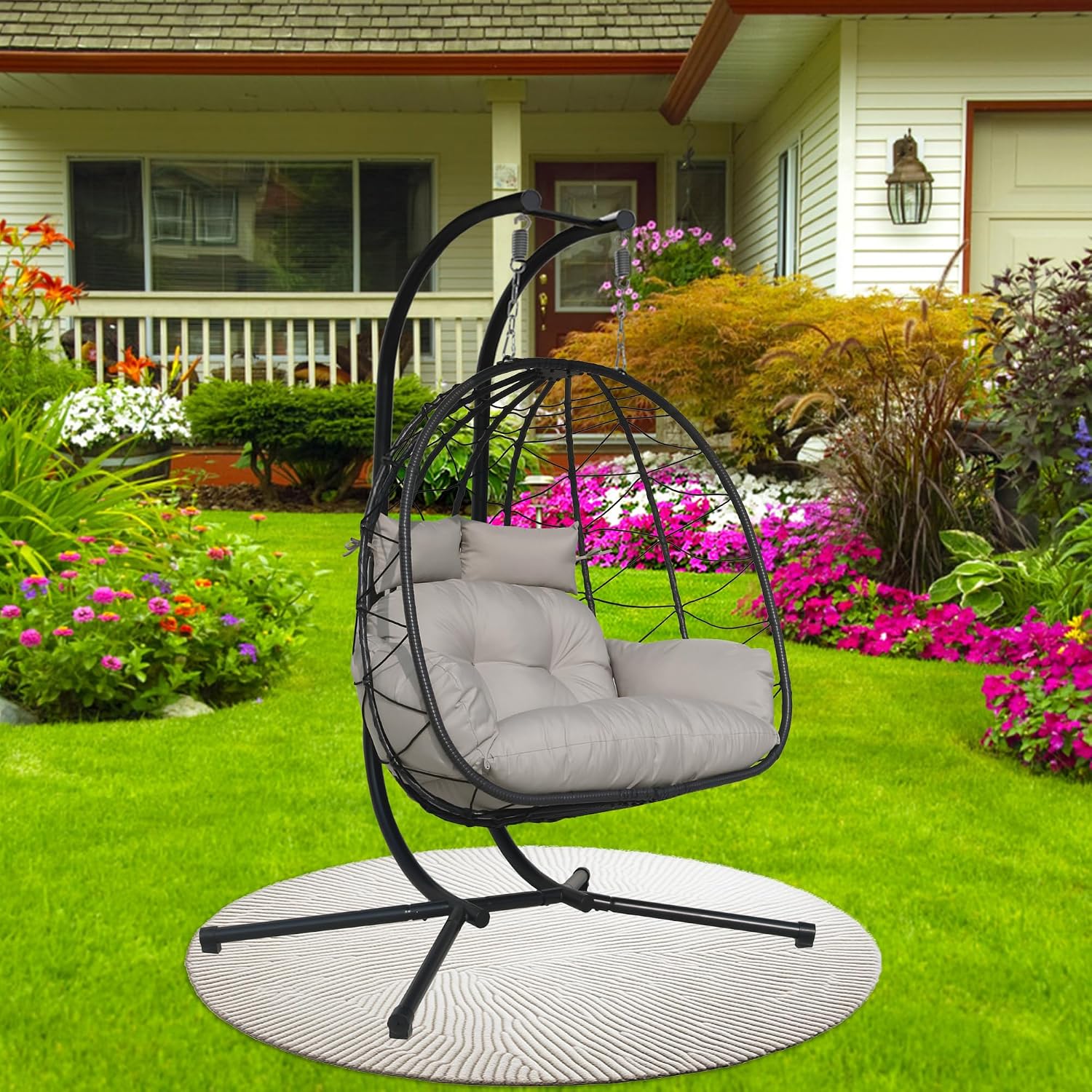 Double Egg Chair with Stand Patio Love Seats Chair w/Cushion Outdoor Waterproof Hanging Swing Wicker Rattan Basket (Gray)