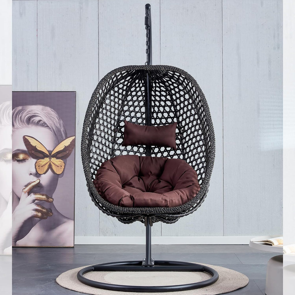 Egg Swing Chair Outdoor Indoor, Hanging Egg Chair with Stand, Black Wicker Swing Chair,UV Resistant Cushion 300 LBS Capacity for Porch,Patio,Garden, Bedroom, Balcony,Yard