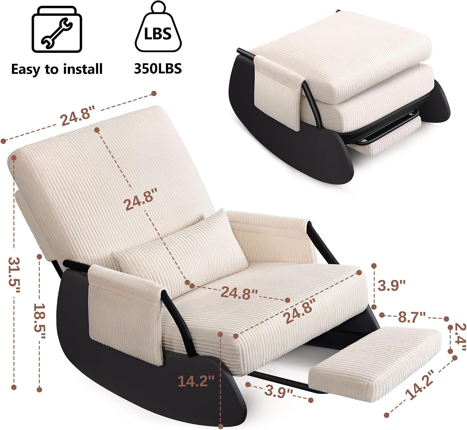 FelixKing Rocking Chair Nursery, Low-Seat Glider Chair, Upholstered Rocking Chair with Side Pocket and Foot Rest, Comfortable Modern Accent Armchair Recliner for Mom Nursery Living Room Bedroom Beige