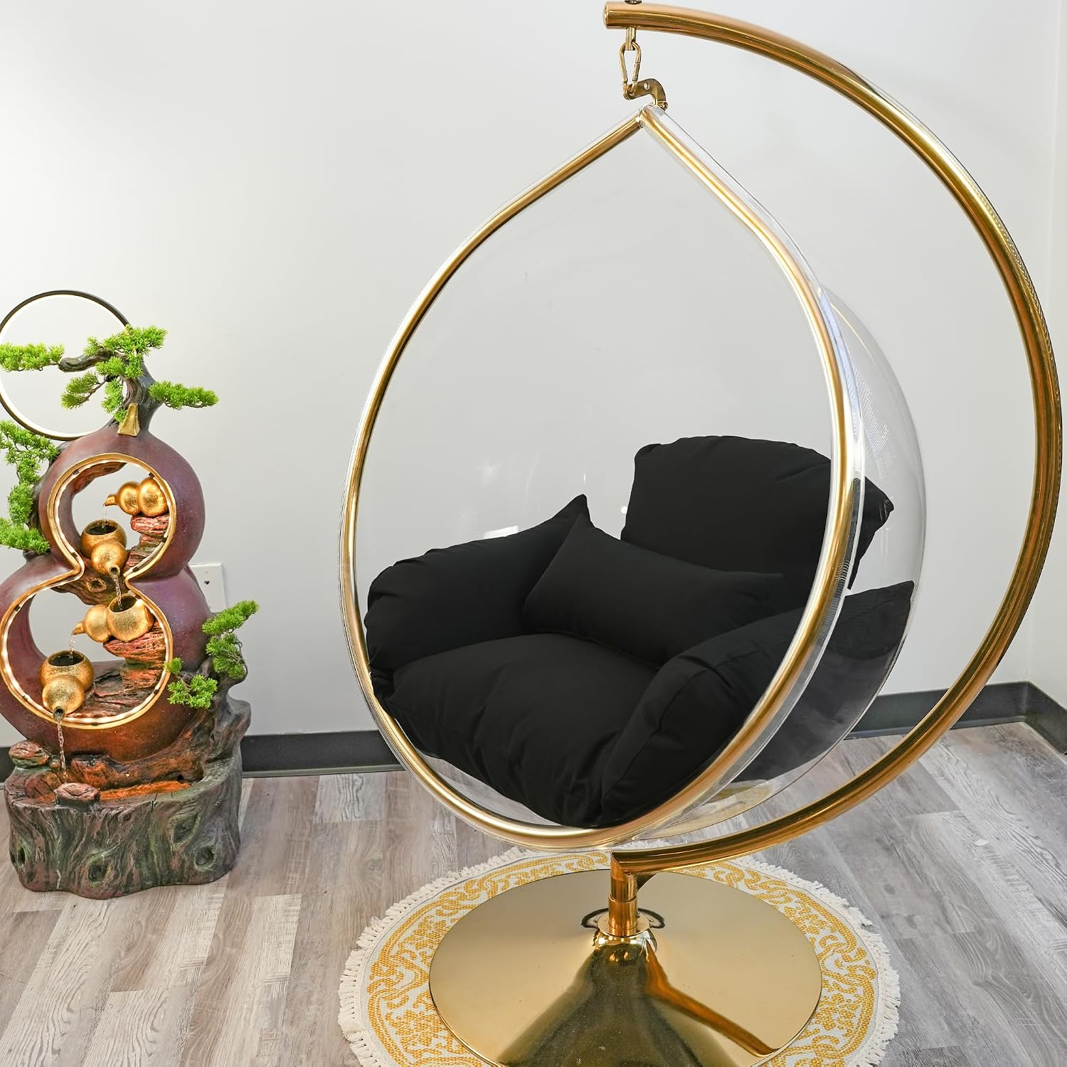Hanging Chair - Transparent Acrylic Bubble, Waterdrop Shape, Indoor Swing Chair with Gold/Chrome Stand, Durable Fabric Cushion - Luxury Accent for Living Room, Bedroom (Gold/Black)