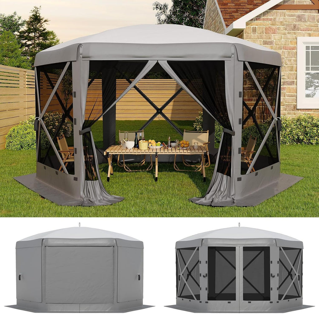 GarveeLife 11.5x11.5FT 6-Sided Pop Up Gazebo Tent，One-Push Setup Canopy Tent with Mesh Panels & Removable Wind Cloths, Outdoor shelter for Camping, Backyard Parties, Outdoor Events - Grey