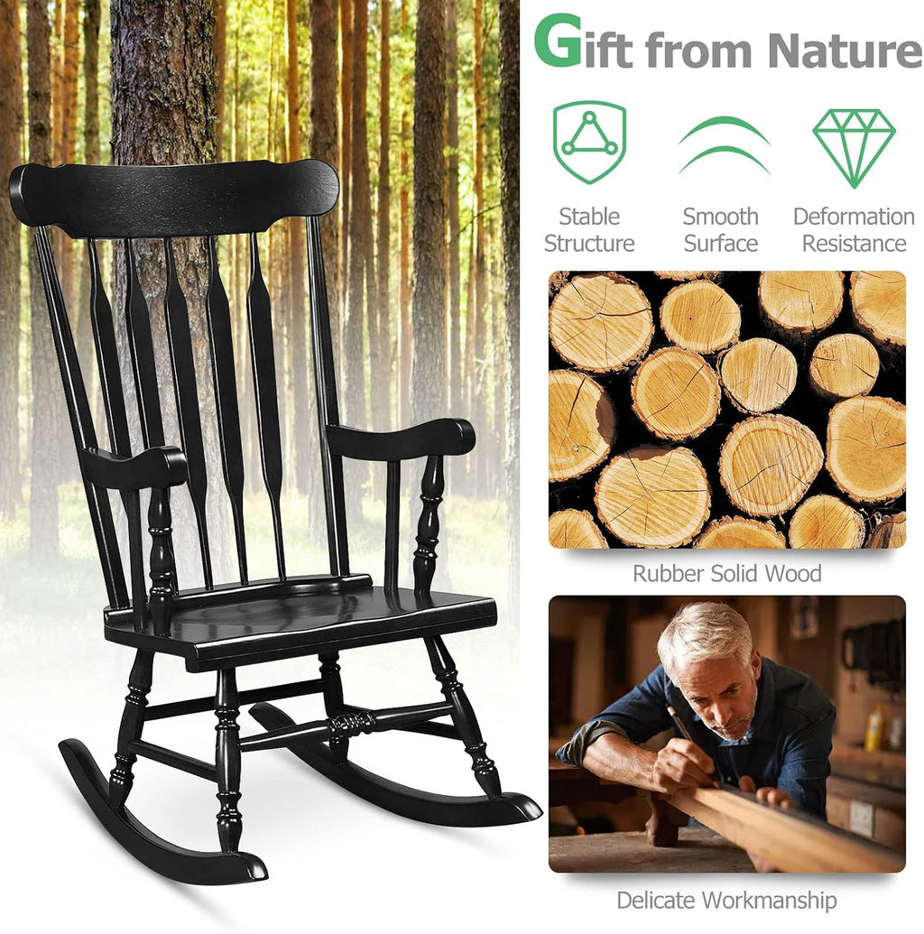 Tangkula Patio Rocking Chair Solid Rubber Wood, Outdoor Porch Rocker Chair with Rubber Wood Frame, Indoor Wooden Rocking Chair, Ideal for Garden, Backyard & Balcony (2, Black)