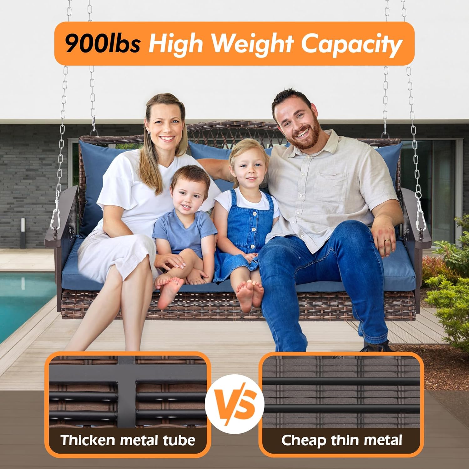 ZZW Upgraded Wicker Hanging Porch Swing Heavy Duty 900 LBS 3-Seat Outdoor Patio Swing Chair Bench for Adult w/ 8.9ft Hanging Chains Cushions and Cup Holder