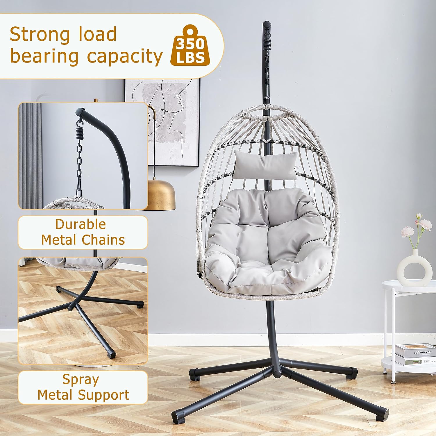 Egg Swing Chair with Stand, Indoor Outdoor Hanging Egg Chair with Thickened Metal Frame and Cushion, Patio Wicker Swinging Hammock Chair for Bedroom, Porch, Garden, Balcony (Gray)