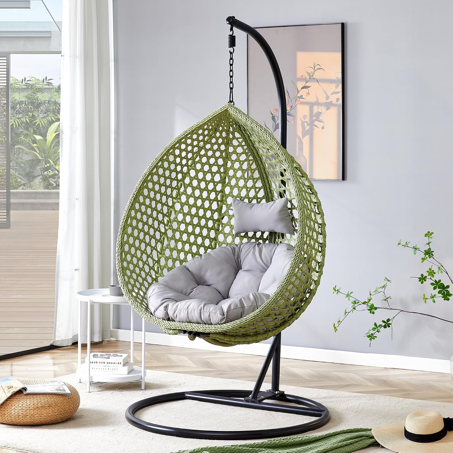 Hanging Egg Swing Chair with Stand, Rattan Wicker Hanging Egg Chair Hammock Indoor with Cushions, Swinging Chair for Bedroom Outdoor Patio Balcony Backyard Sunroom Heavy Duty 350LBS, Green