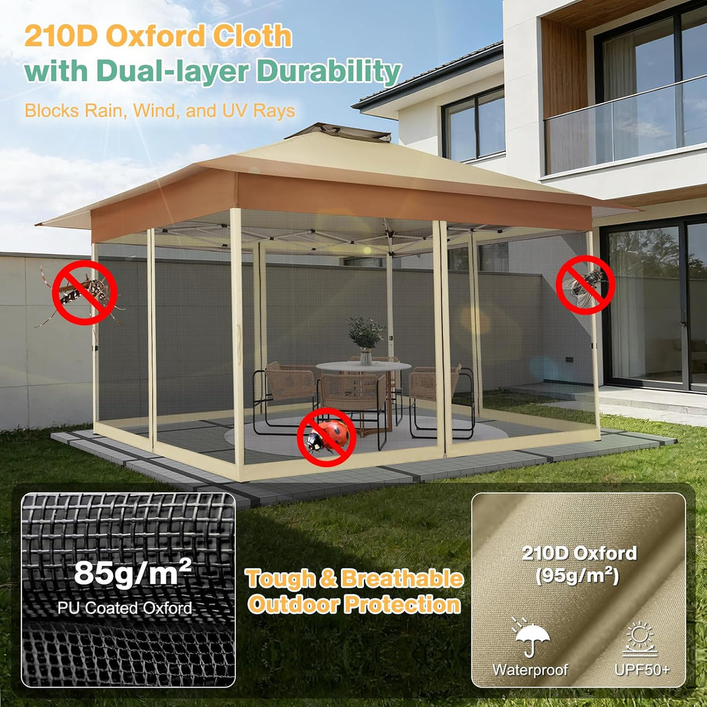 C0BIZI Gazebo 10x15 Pop up Canopy,Gazebos on Clearance-Canopy Tent with Mosquito Netting for Lawn,Garden,Backyard & Patio-Outdoor Tent-Water Resistant and UPF50+ (Khaki)