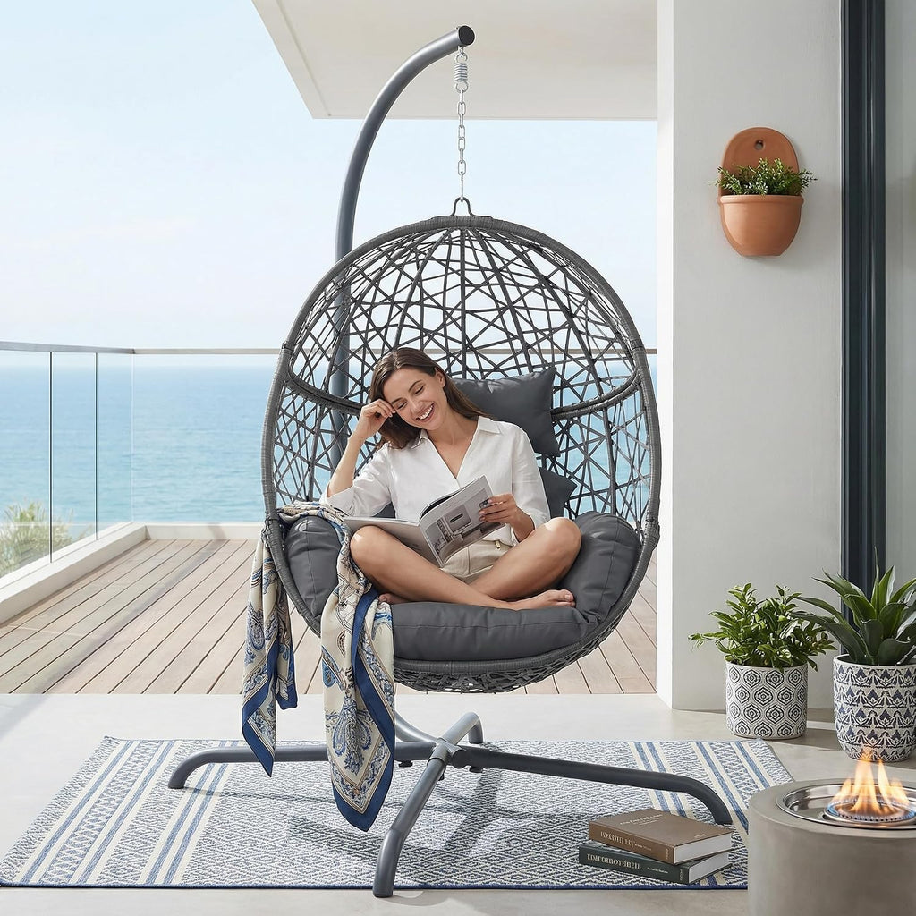 RADIATA Hanging Egg Chair with Stand, Outdoor Swing Egg Chair with Thick Cushion, Rattan Bird Cage Eggshell Basket Seat, Patio Swinging Hammock Chair for Outside Backyard, Dark Grey