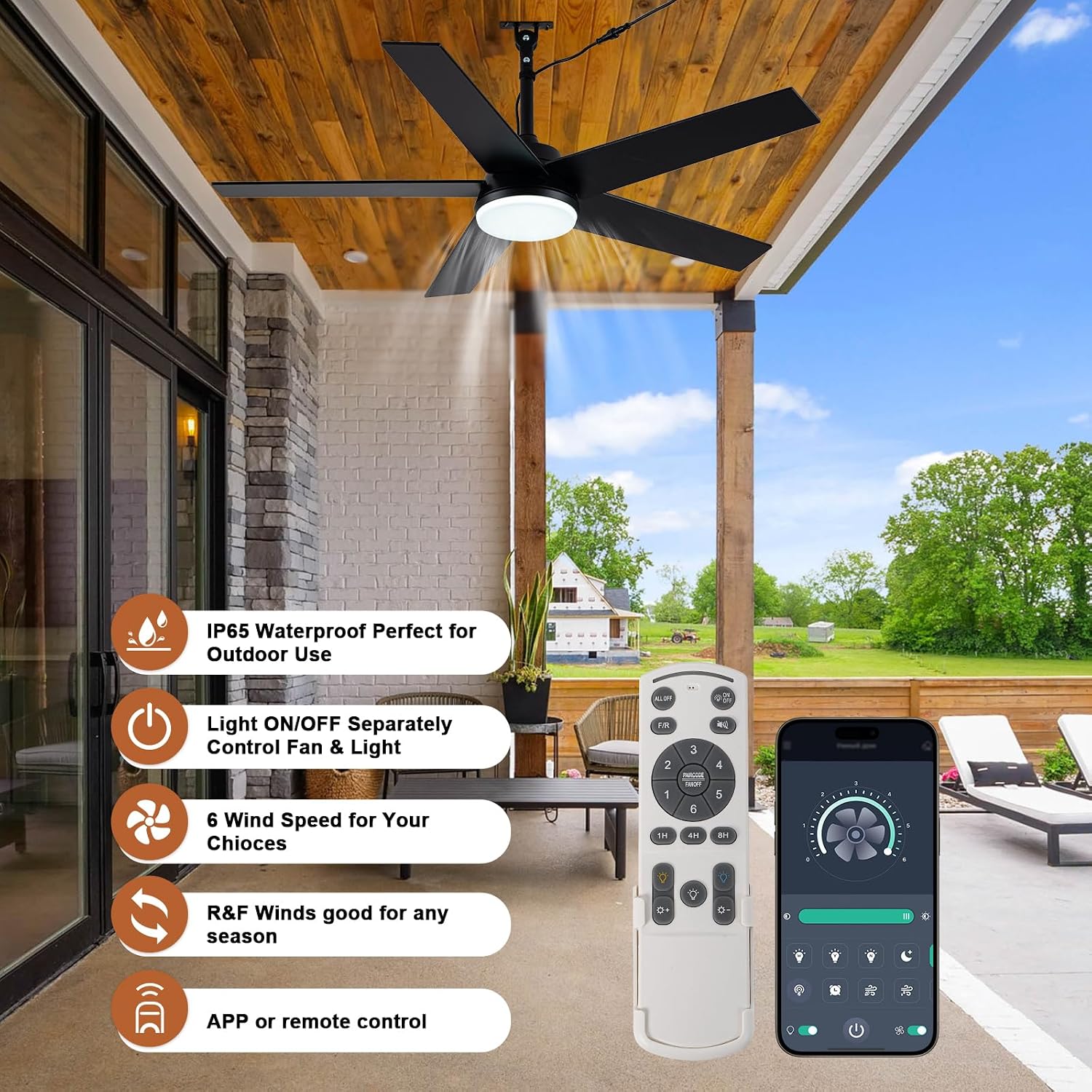 48' Waterproof Outdoor Ceiling Fan with Light IP65 Wet Rated Gazebo Fan Outdoor Hanging Plug in Ceiling Fan for Patios Porch Indoor Outdoor, APP Remote Control 3CCT LED Reversible 6 Speeds