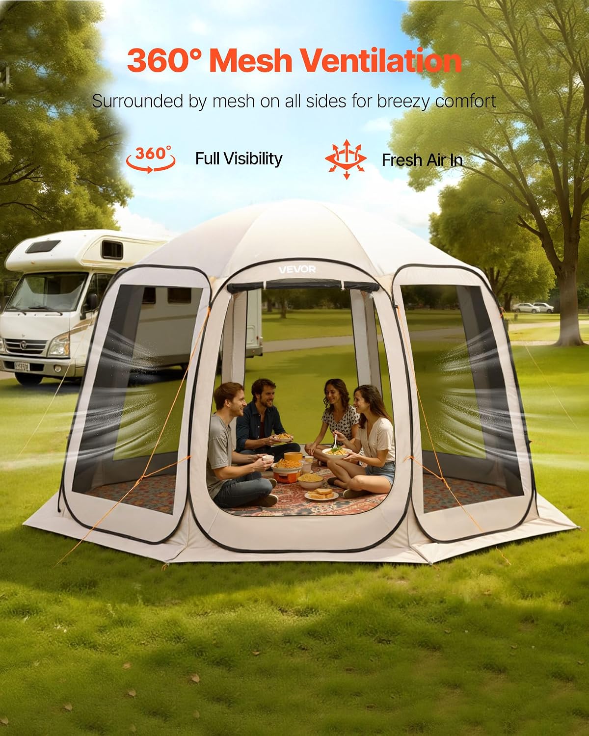 VEVOR Pop up Screen House Tent, 12 x 11 ft, 10-12 Person Screen Gazebo, Portable Screened in Canopy with Carry Bag, Netting Sides, Ground Stakes, for Garden, Patio, Backyard, Outdoor Activities, Beige