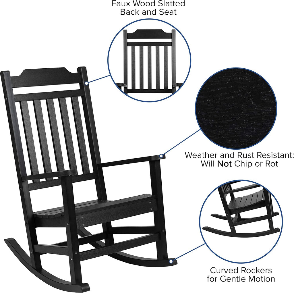Flash Furniture Set of 2 Winston All-Weather Rocking Chair in Black Faux Wood