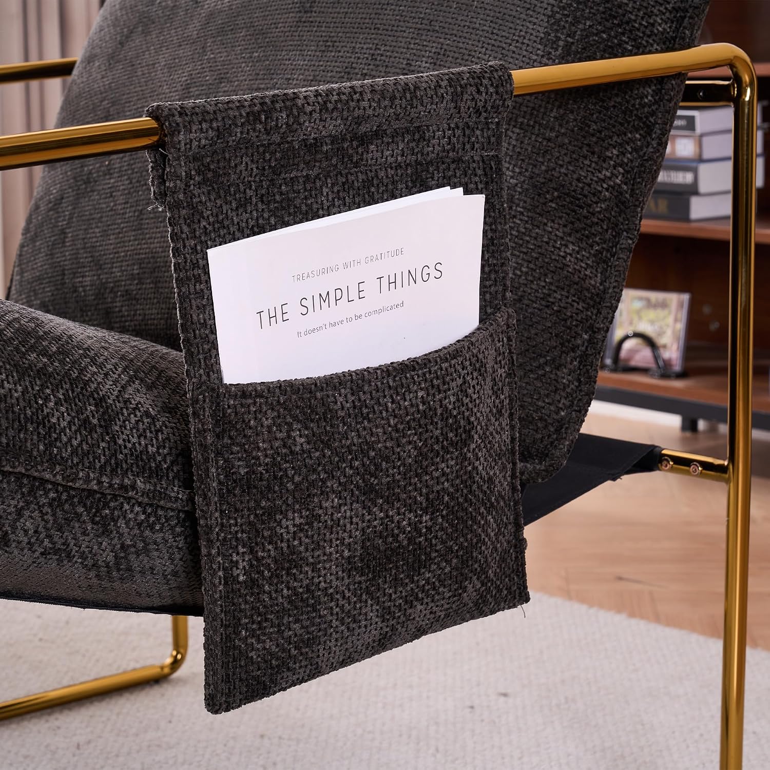 Comfy Sling Accent Chair Set of 2 Upholstered Hanging Armchairs with Pockets Metal Frame Skin-Friendly Fabric Reading Chair for Living Room Bedroom (Dark Grey Cushion & Gold Metal Frame)